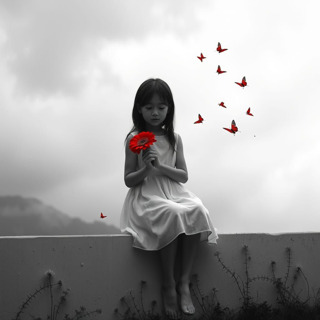 A young girl sitting on a low wall.
