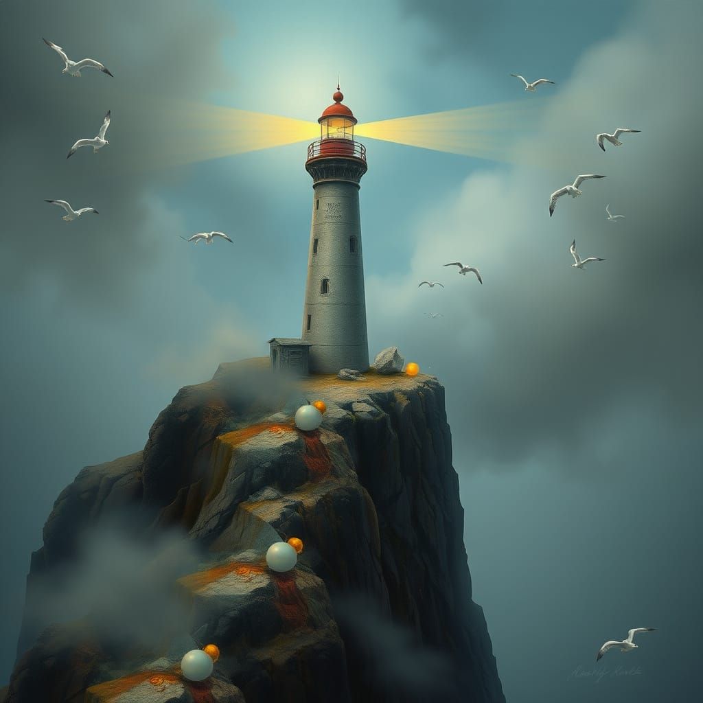 Surreal Lighthouse on Windswept Cliff in Fantasy Style