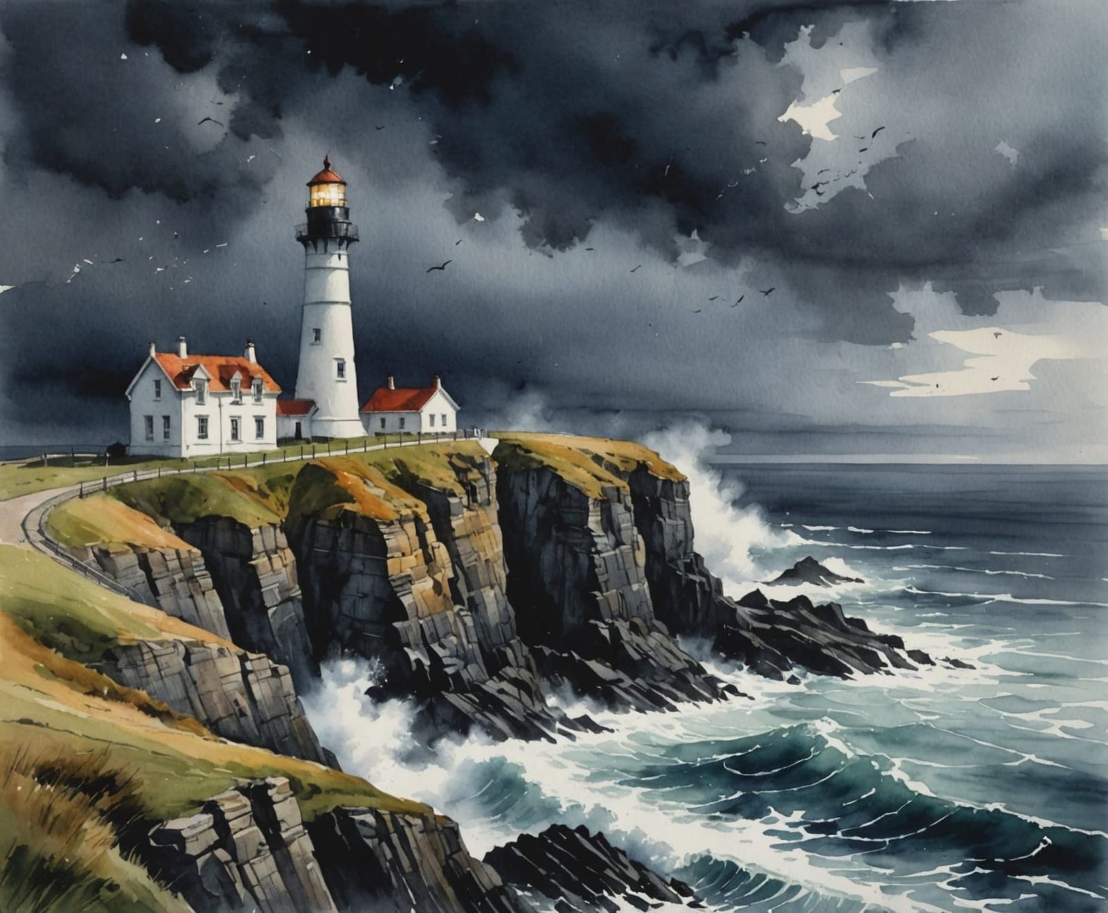 Stormy Lighthouse: Detailed Ink Splash Watercolour