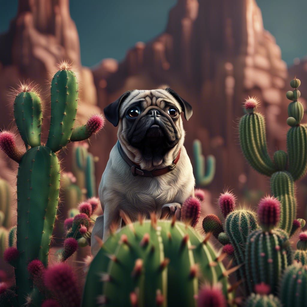 Pug in Cactus Forest: Hyperreal Fantasy Art