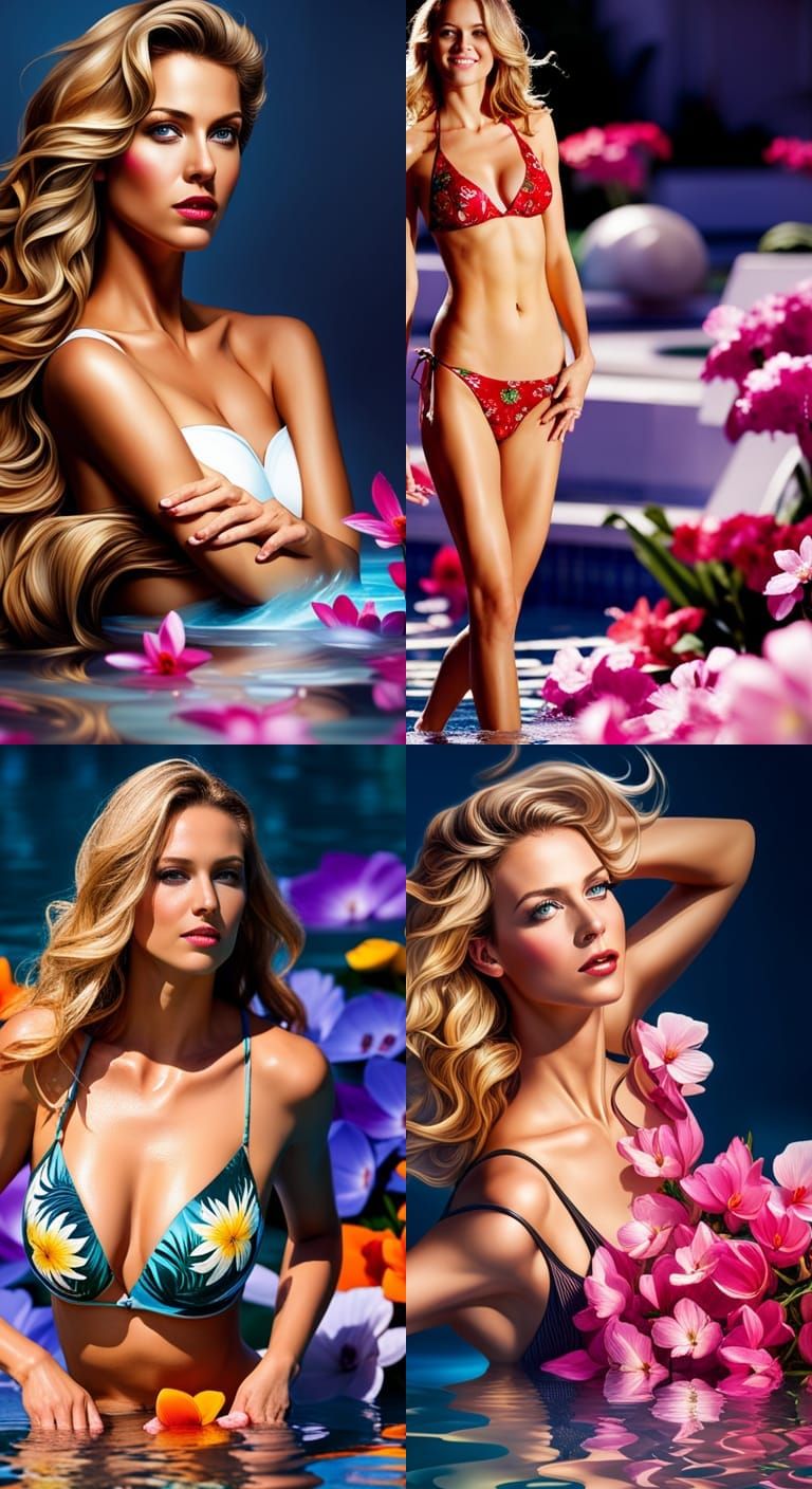 A beautiful  wavy long blonde in a pool with blue water swimming wearing a tropical flower bikini, wet, tanned skin, tro...