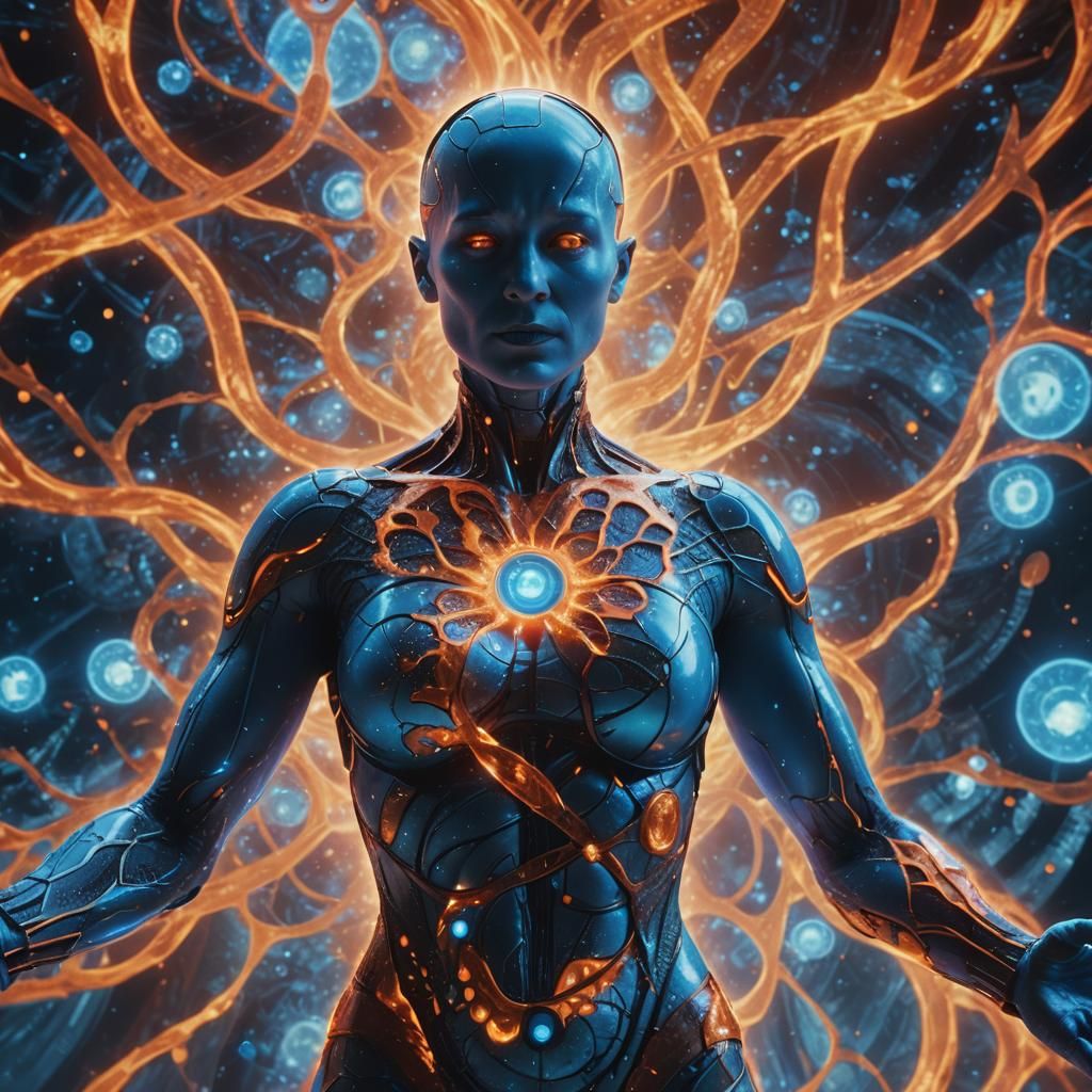 Dr. Manhattan-like Female with Fractal Patterns