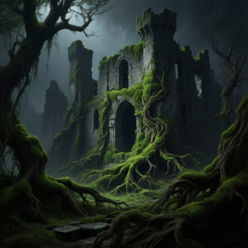 Ancient Castle Ruins Reclaimed by Nature in Dark Fantasy Sty...