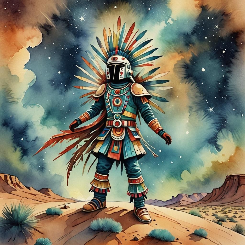 Star Kachina Dancing on Comet in Watercolor Style