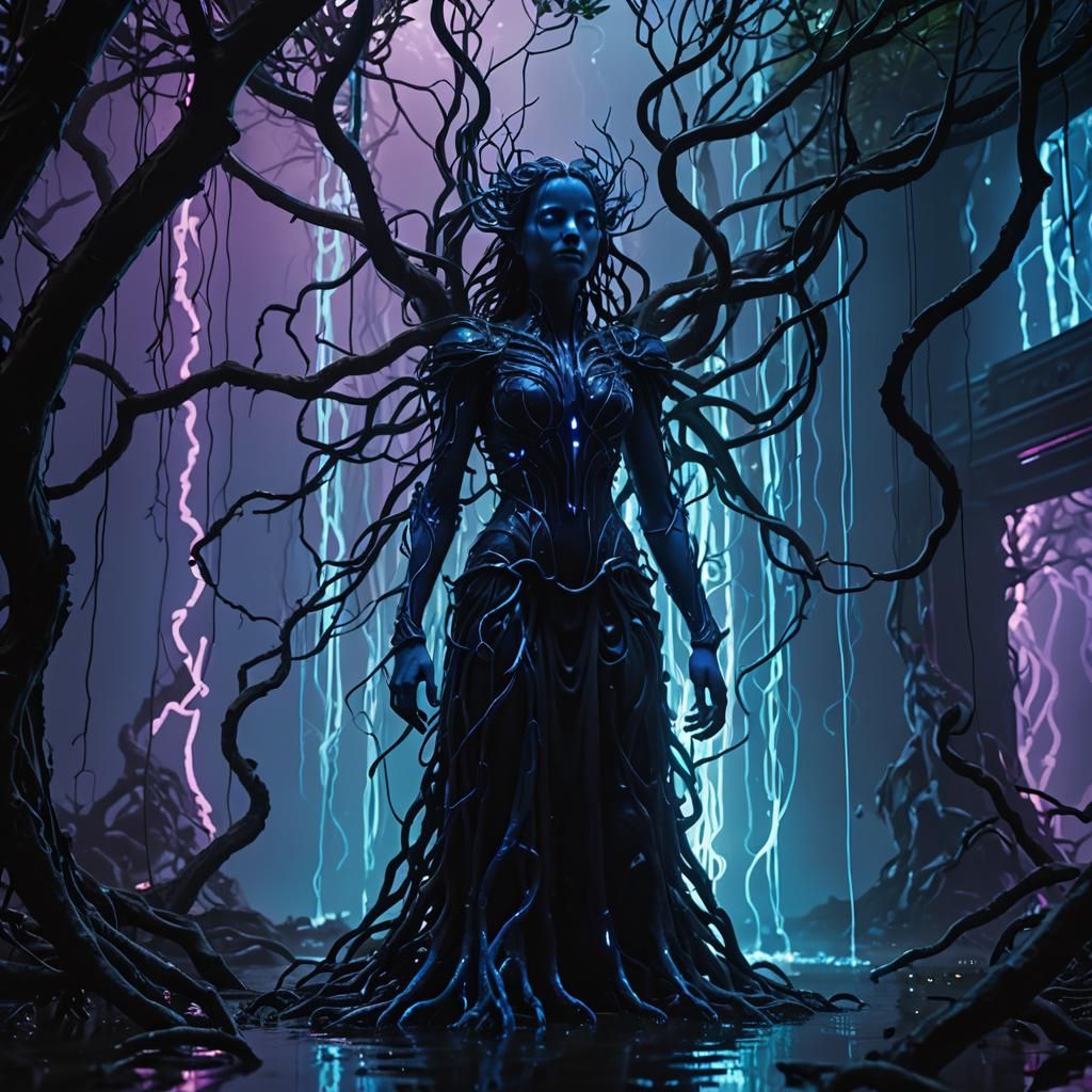 Giant Sculpture with Neon Tendrils in Dark Fantasy Style