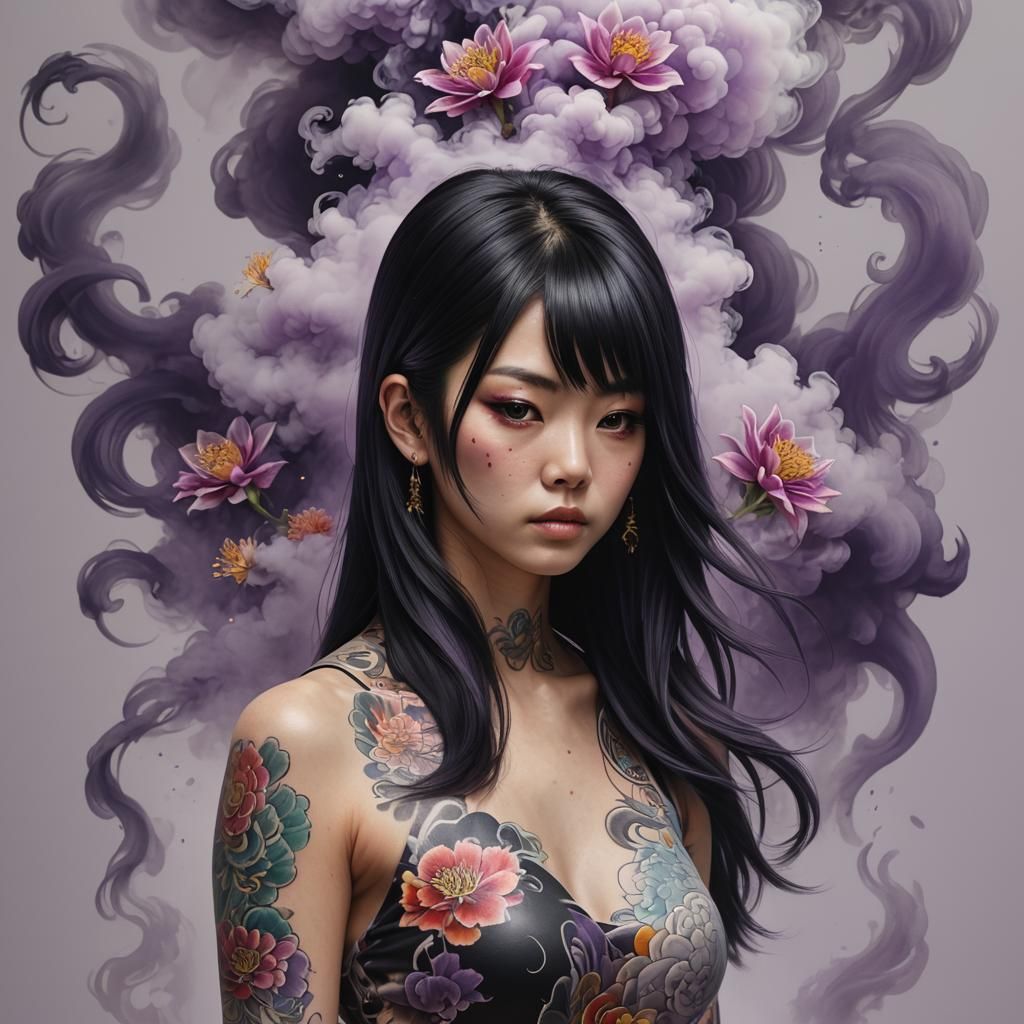 Hyperrealistic Japanese Girl with Tattoos in Smoke