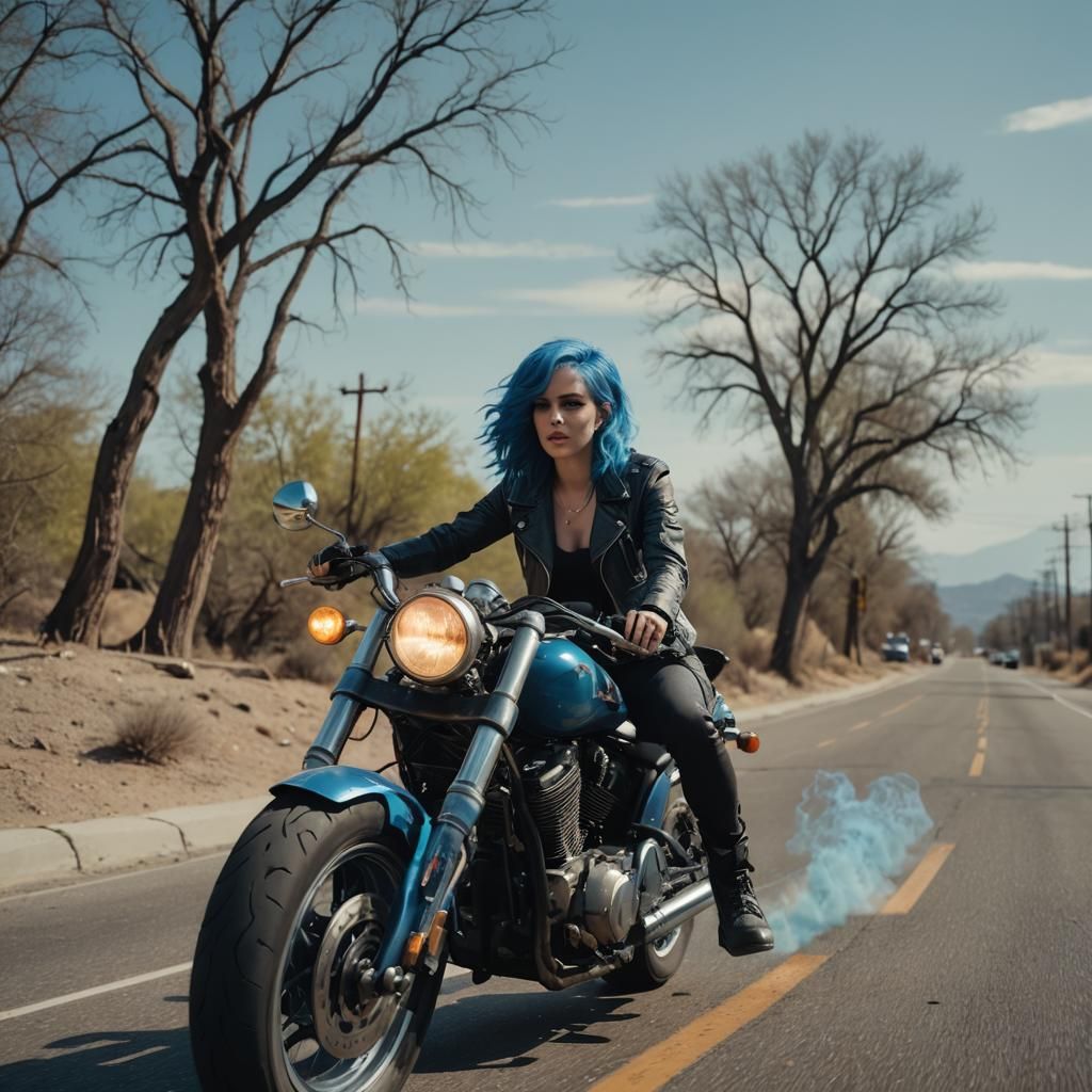 Blue-Haired Woman Rides Motorcycle: Cinematic Film Still