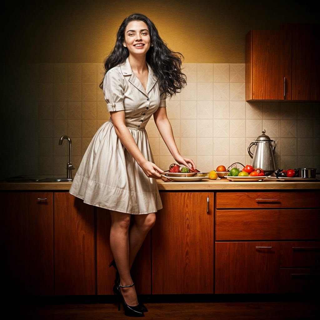 Tradwife in 1950s Kitchen, Hyperrealistic Splash Art