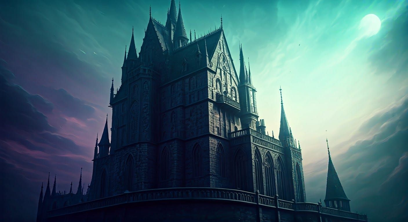 Mystical Gothic Castle in Moonlight with Cat