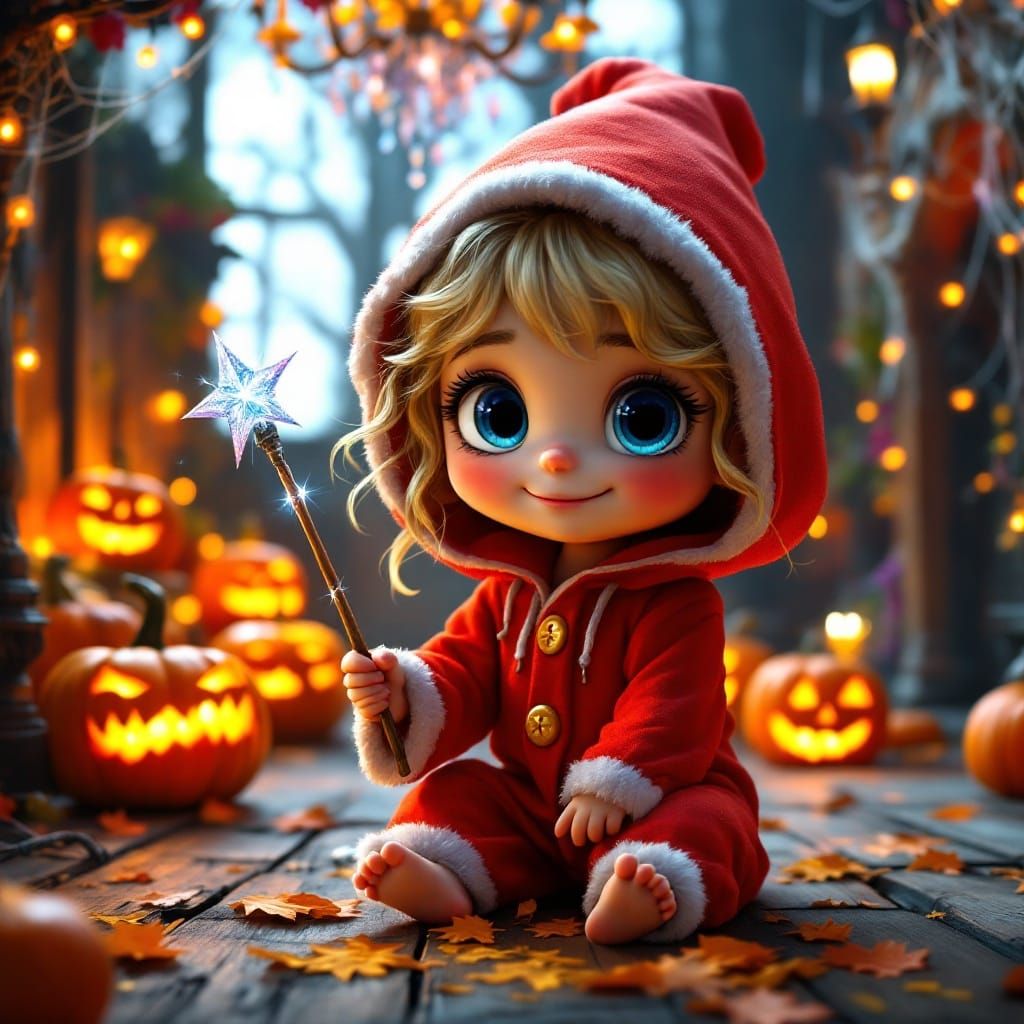 Chibi Witch in Whimsical Haunted House Scene