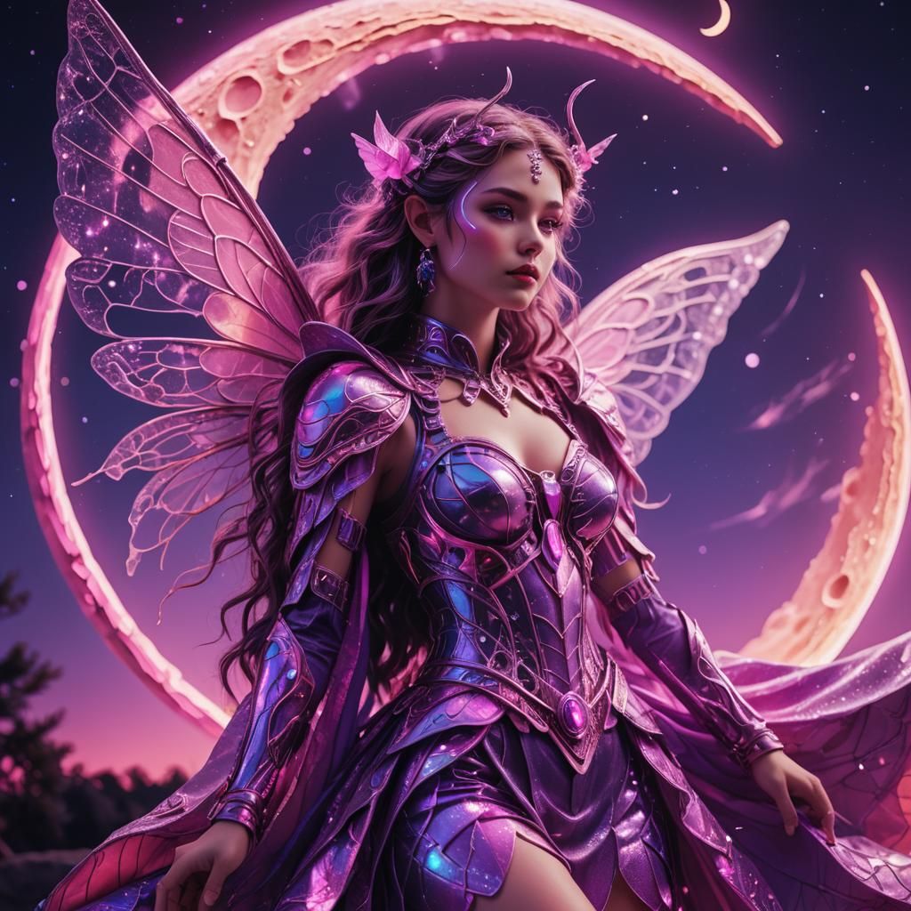 Neon Fairy on the Moon in Synthwave Style