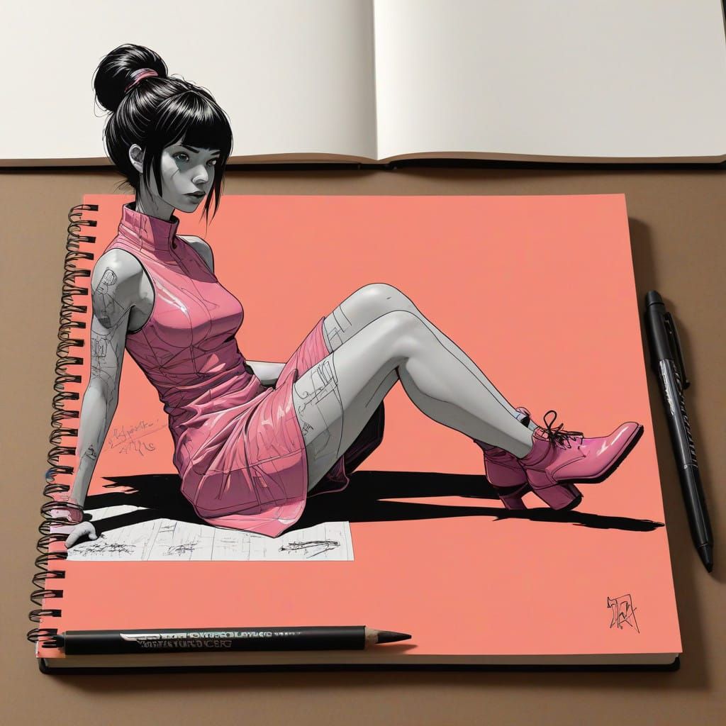 Cyberpunk Notebook Sketch in High Contrast, 3D Rendered Styl...