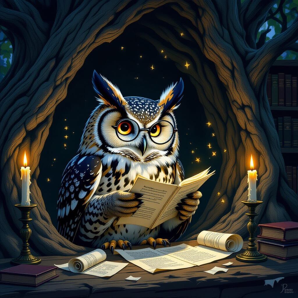 Wise Owl Arranges Scrolls in Ancient Library Illustration