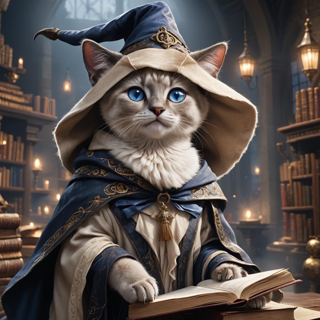 Siamese Kitten Witch at Magic School, Digital Art