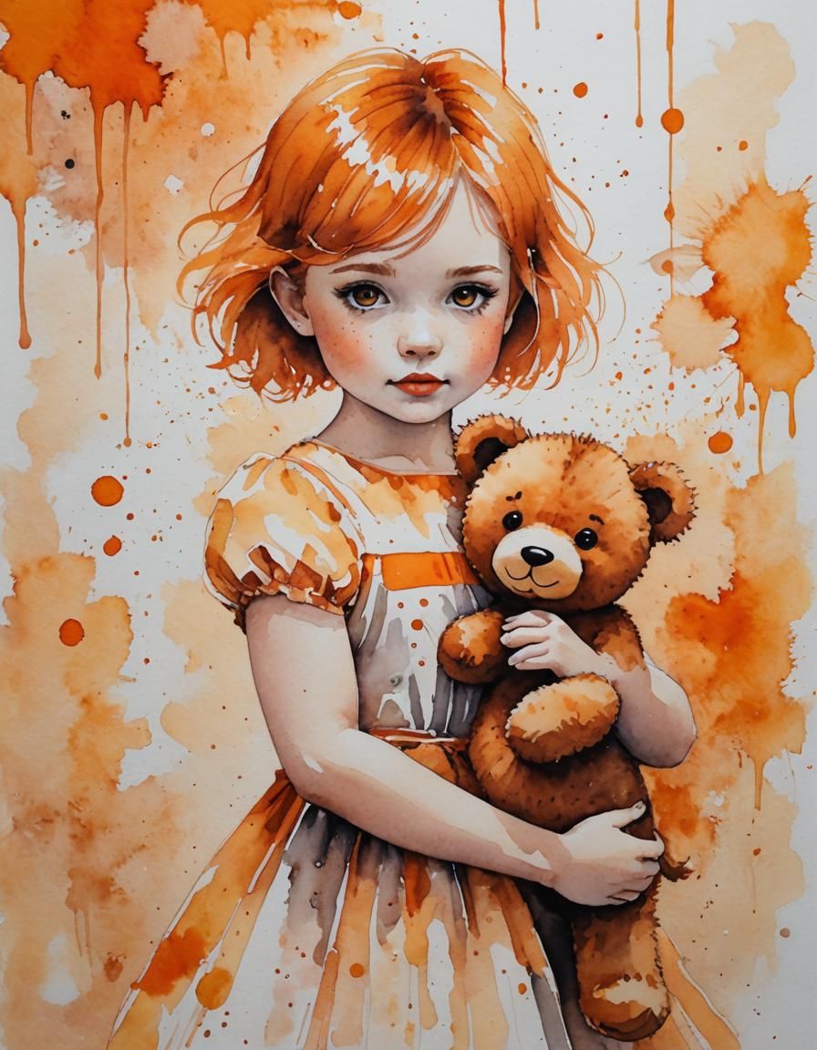 Whimsical Watercolour: Girl with Orange Teddy Bear