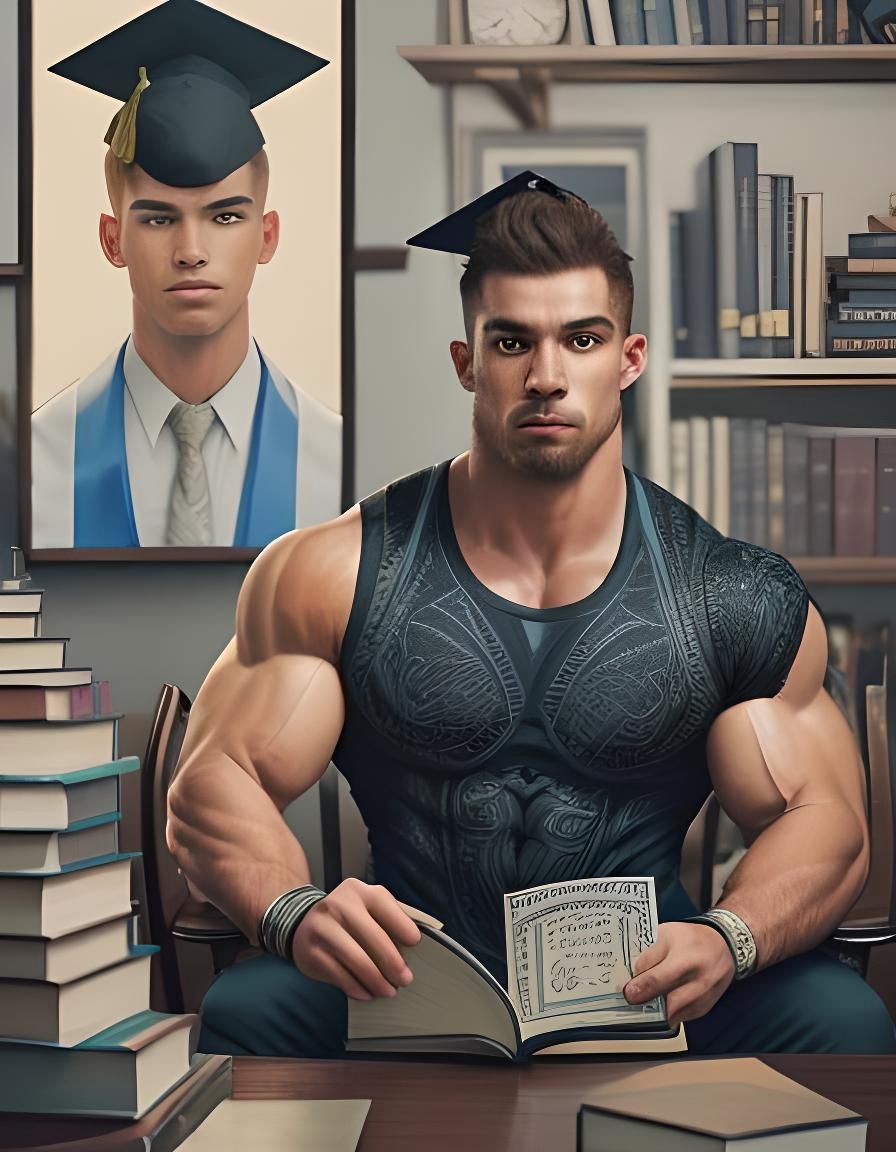 The body builder surrounded by books and a graduation photo ...