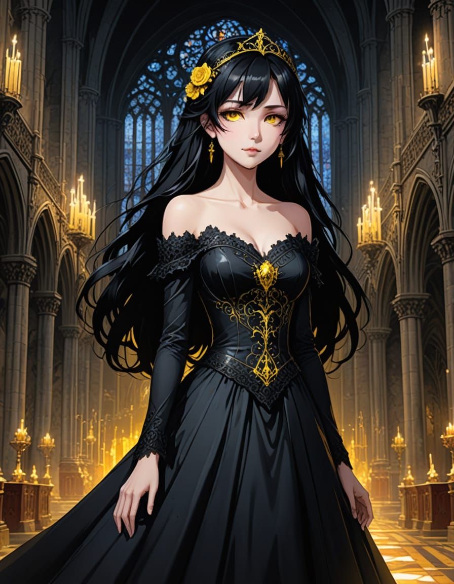 Gothic Bride in Dark Cathedral, Anime Style