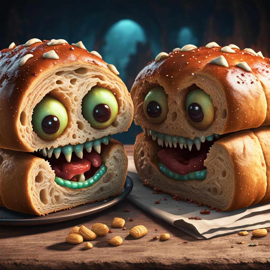 Anthropomorphic Bread Roll Monster in Detailed Matte Paintin...