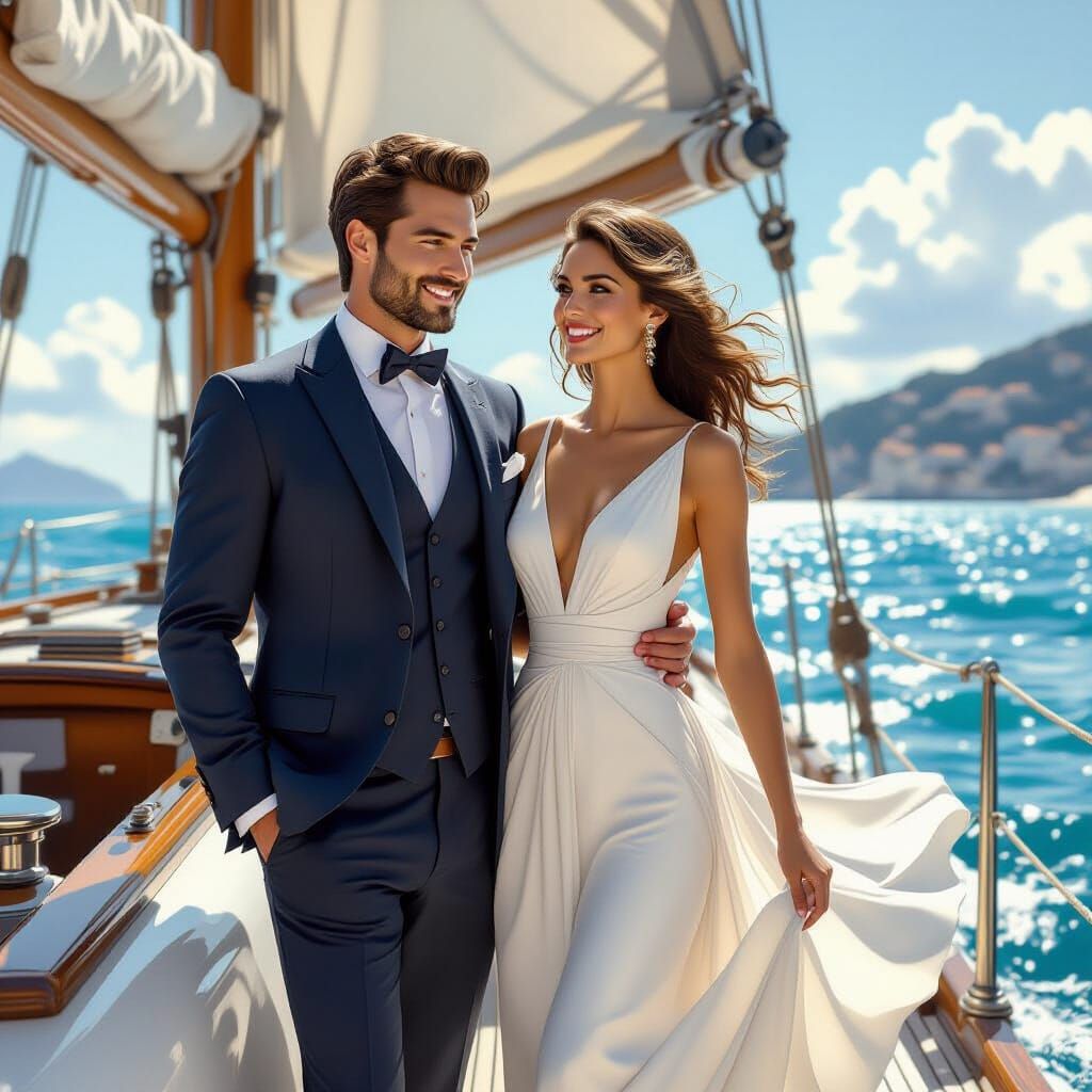 Elegant Couple Sailing Into Sunset, Hyperrealistic Art