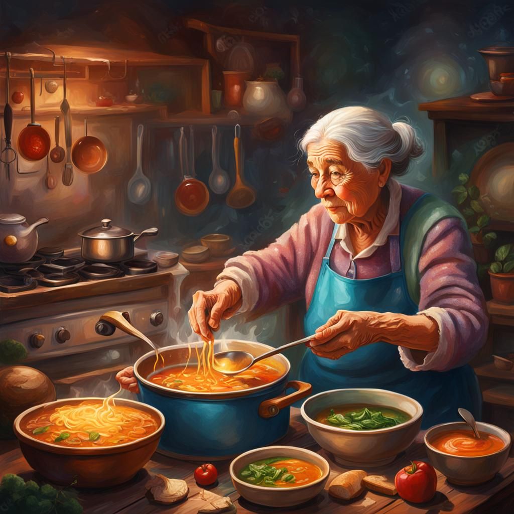 Hyperrealistic Old Woman Cooking Soup with Love