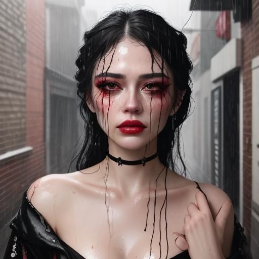 Girl Crying in Rainy Alleyway