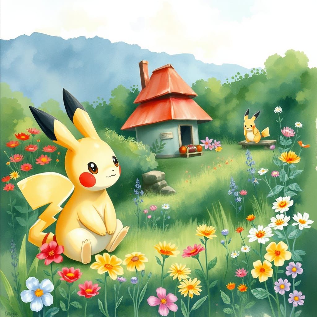 Pokemon in Serene Watercolor Landscape Art