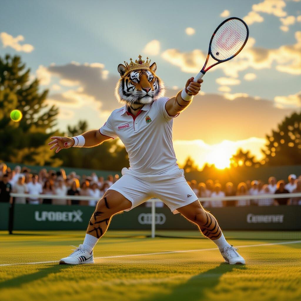 Regal Tiger Serves on Tennis Court at Sunset