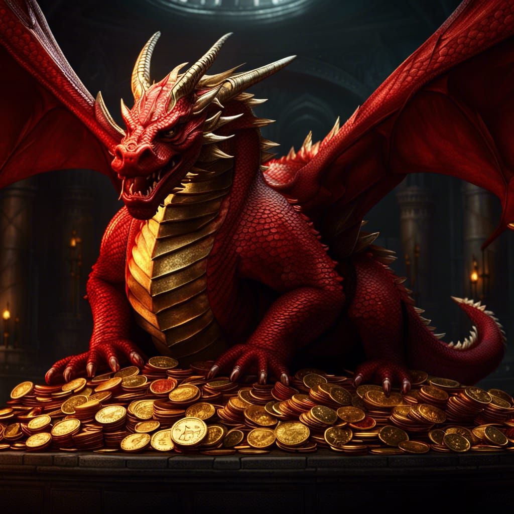 Majestic Red Dragon on Gold Coins, Dark Fantasy Art