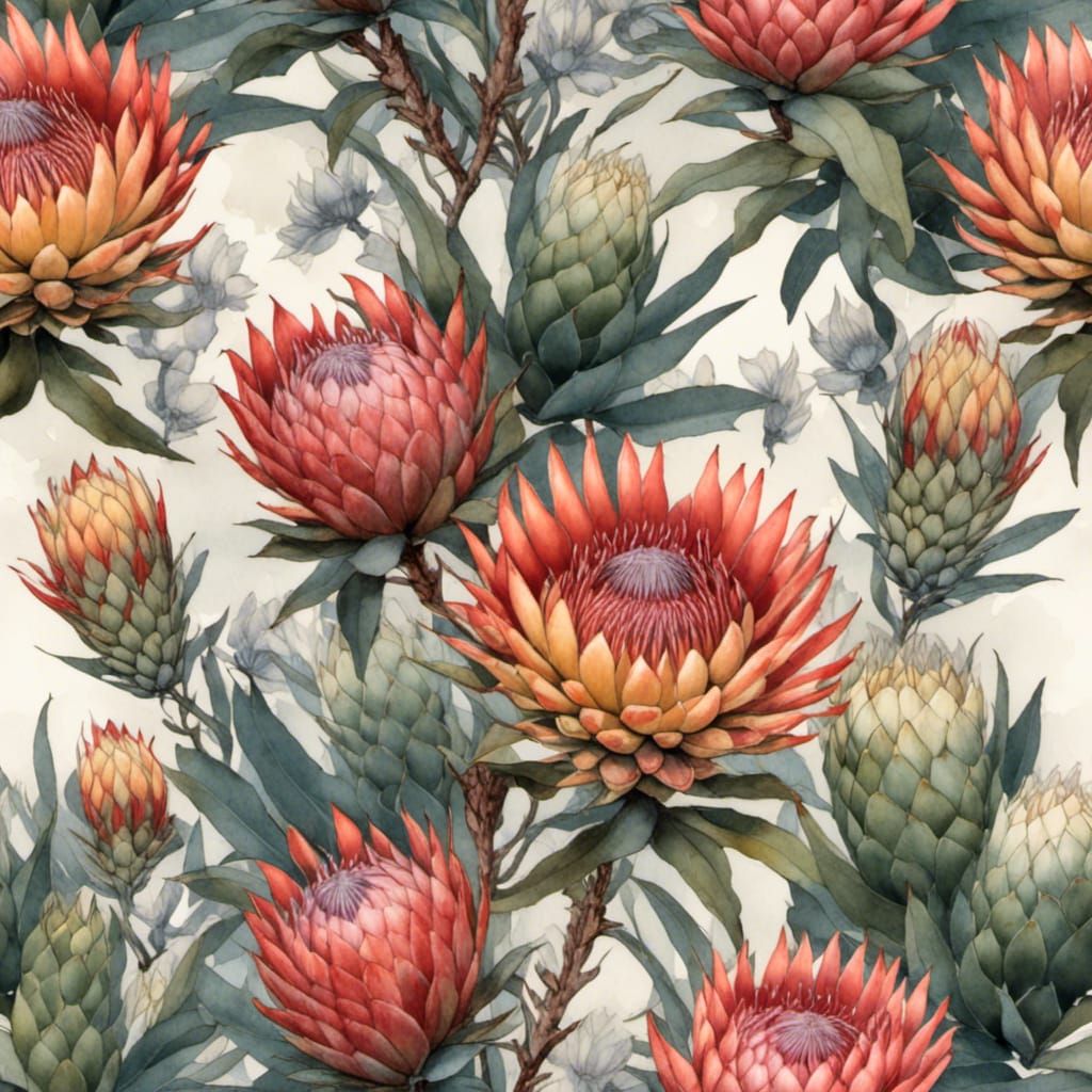 Seamless Protea Background in Watercolor Comic Style