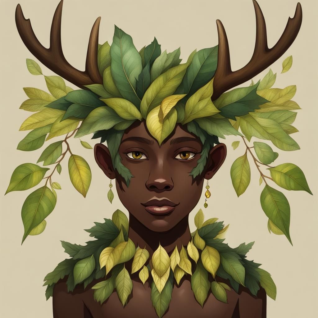 Fantasy Forest Dweller with Leaf Scales and Antlers