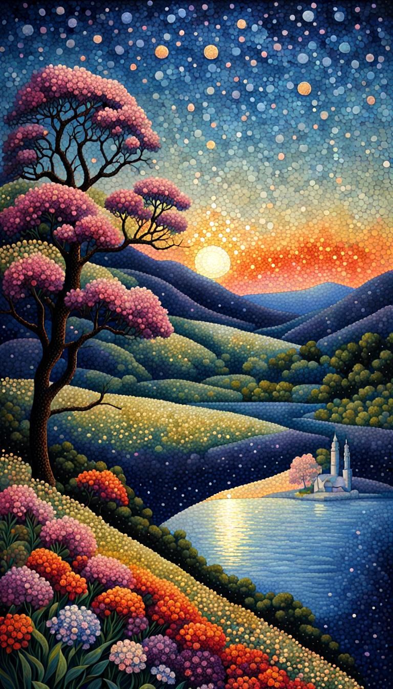 pointillism painting of a beautiful scenery on top of a hill looking out onto blossoming fields of bushes, flowers and t...