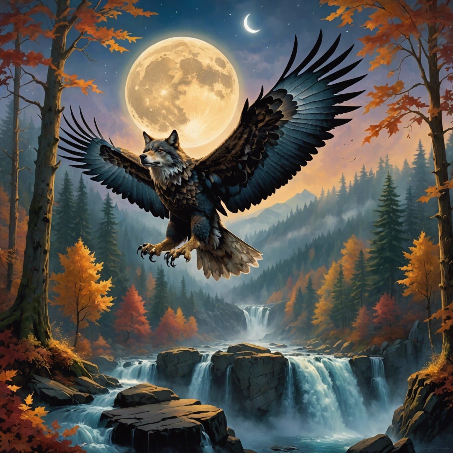 Wolf Eagle Flight Through Autumn Forest