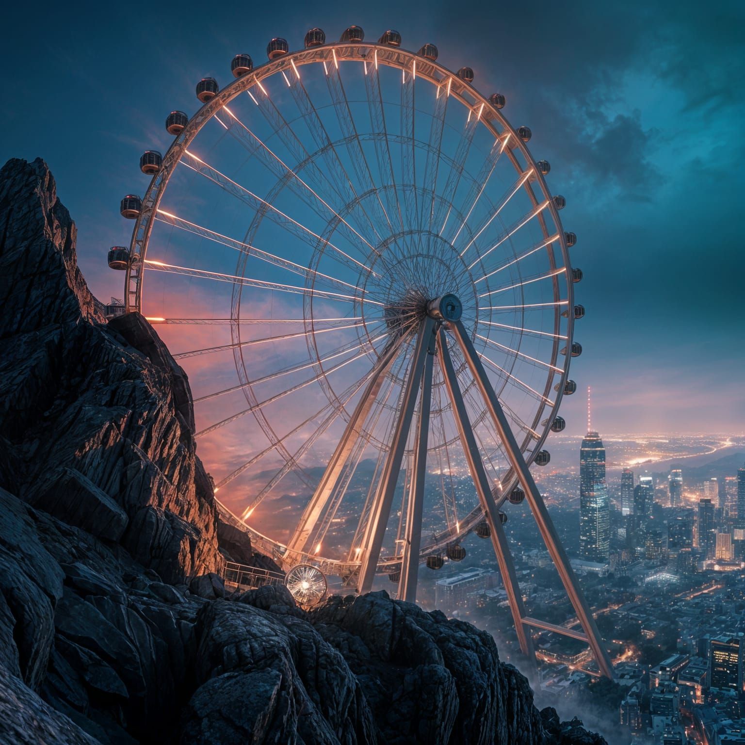 Futuristic Ferris Wheel on Mountainous Cityscape