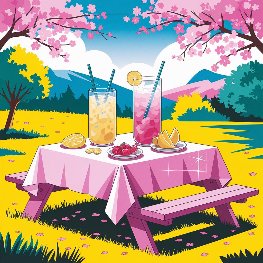 gisaeng lemonade on a picnic table, pink yellow tablecloth,  under sakura blossoms,  watercolor vivid shiny bright colou...