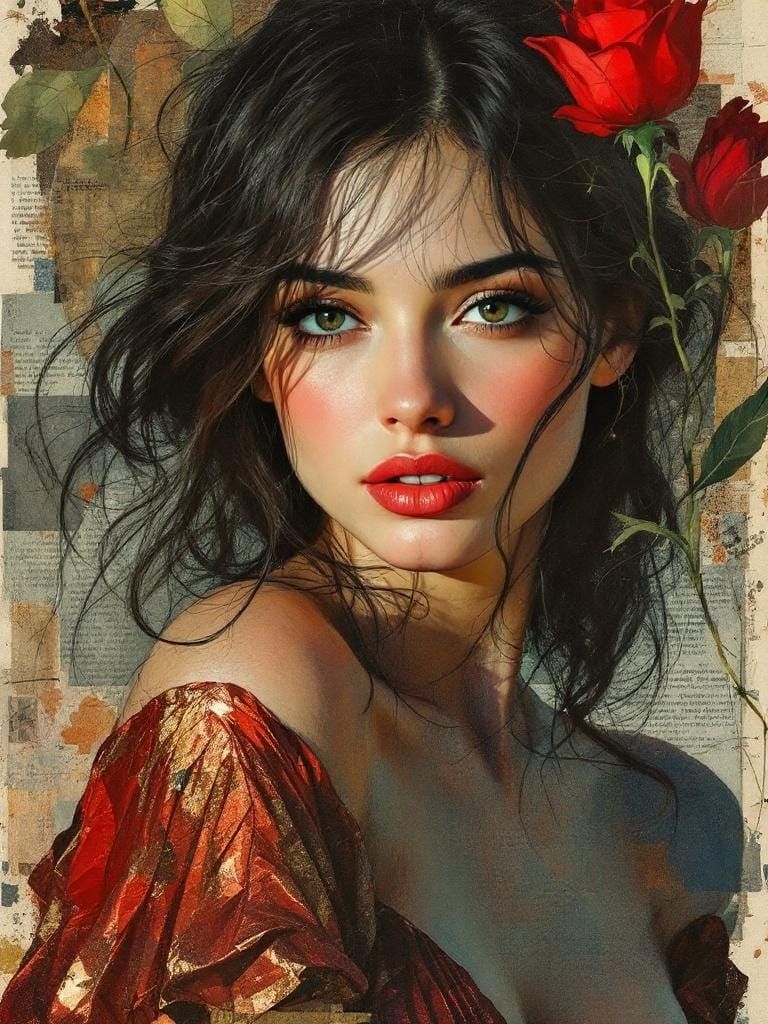 Elegant Portrait in Audrey Kawasaki Mixed-Media Style