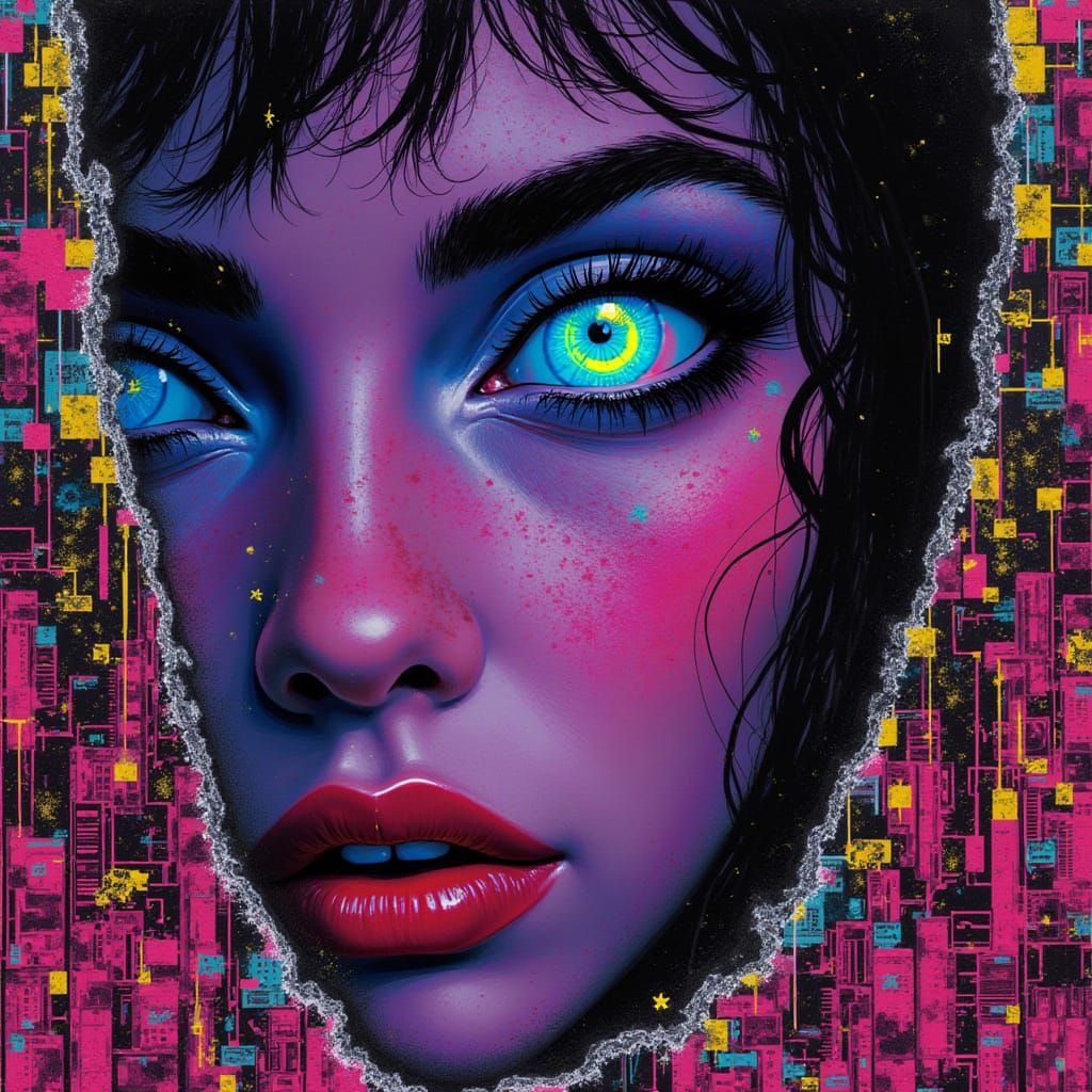 Cyberpunk Woman Peeking Through Glitch Screen