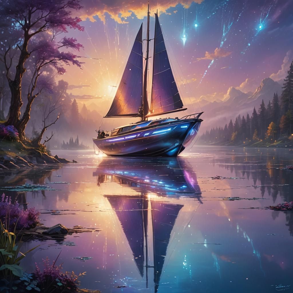 Futuristic Sailing Boat on Mystical Lake