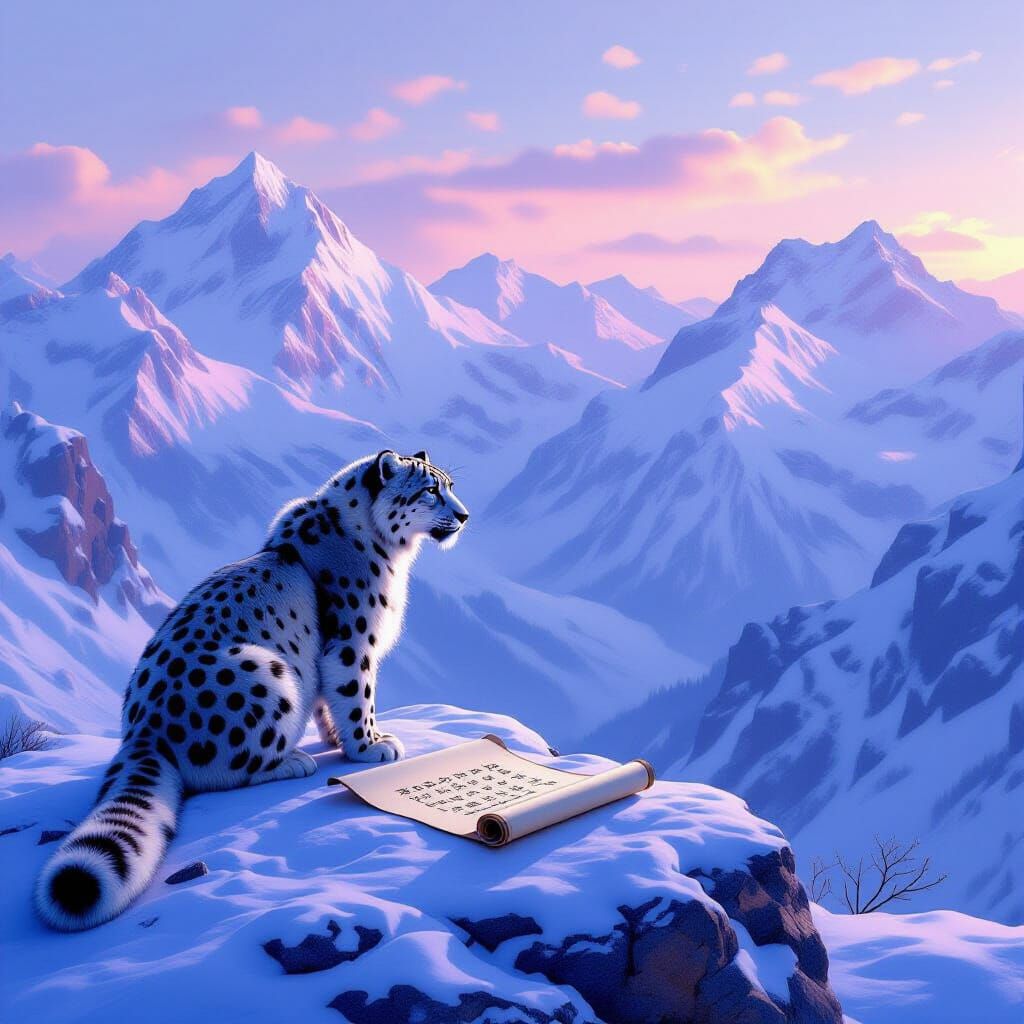Snow Leopard at Dawn in Epic Mountain Landscape Digital Pain...