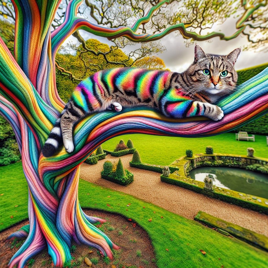 Rainbow Cat in English Garden, Hyperrealistic HDR