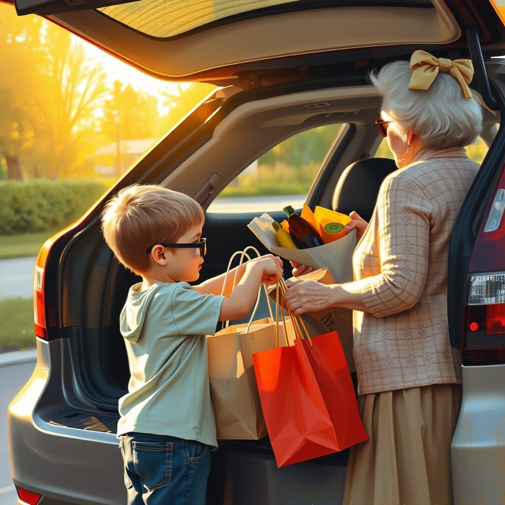 Kind Boy Helps Elderly Woman With Groceries in Golden Hour