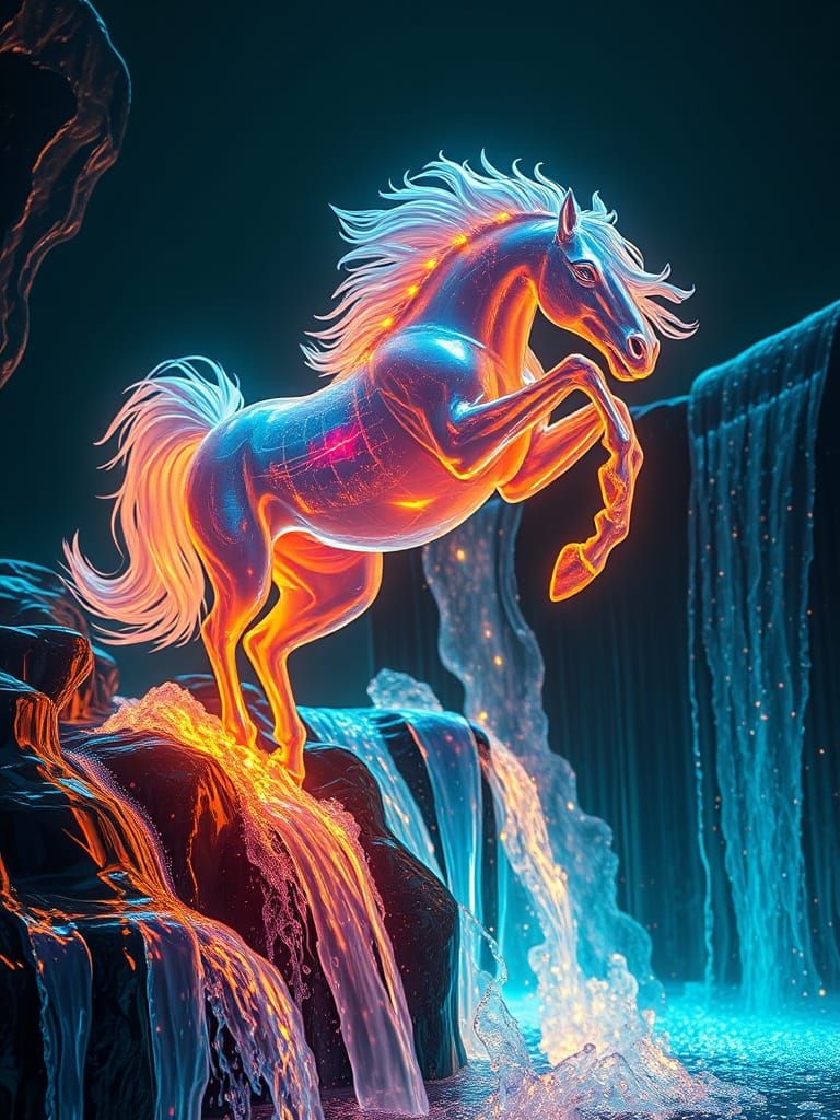 Hypersurrealistic Stallion Dives into Neon Waterfalls