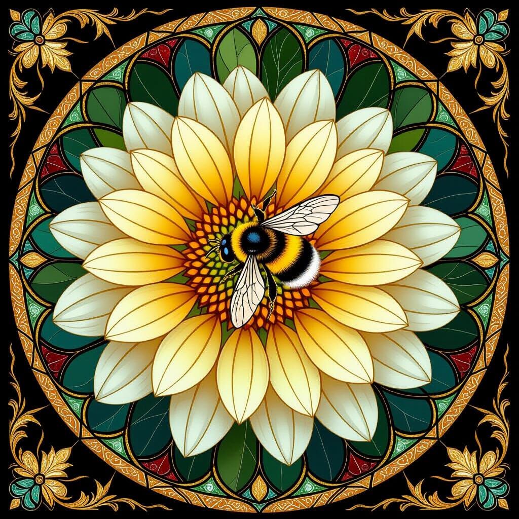 Bee on Dahlia in Stained-Glass Style