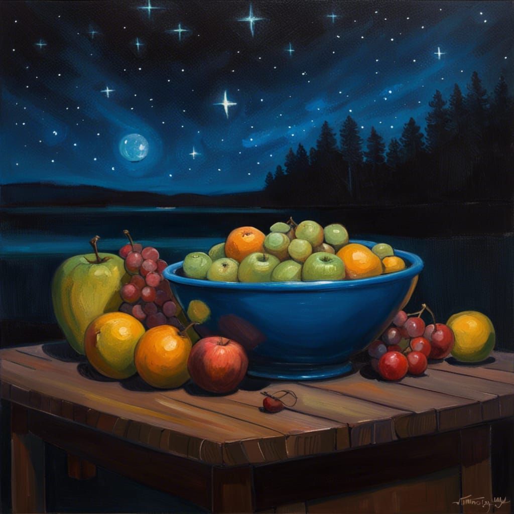 Bowl of Fruit Under Northern Lights, Oil Painting