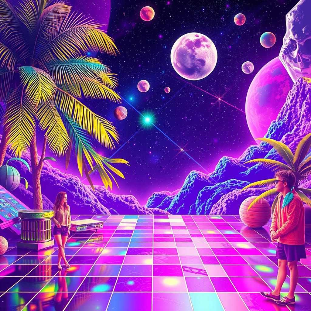 Surreal Retro-Futuristic Disco Dance Floor in Cosmic Space