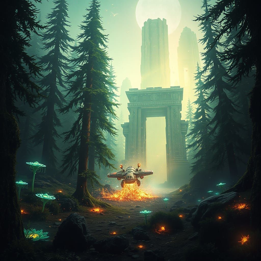 Crashed Spaceship in Mystical Alien Forest