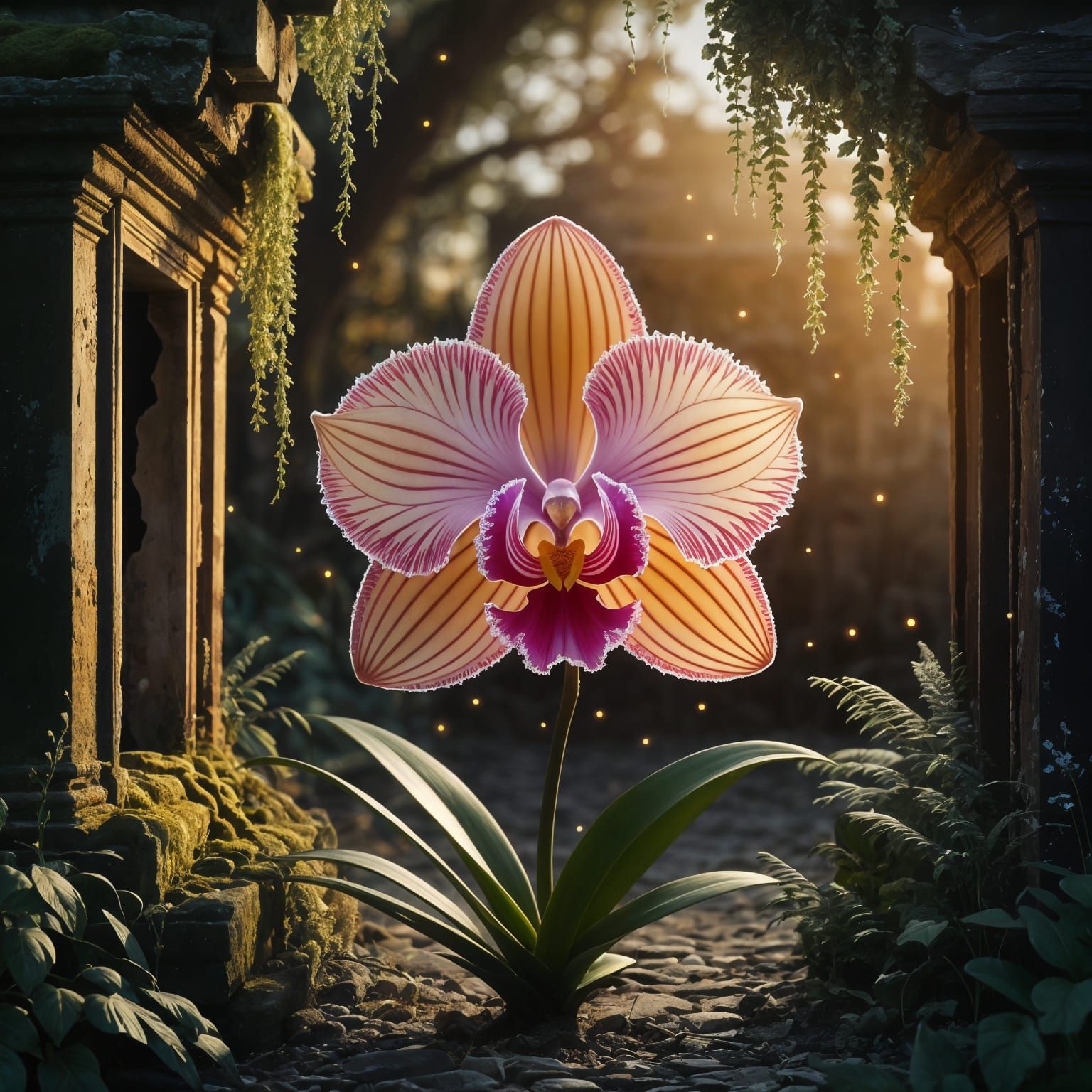 Artificial Orchid in Golden Hour Ruins