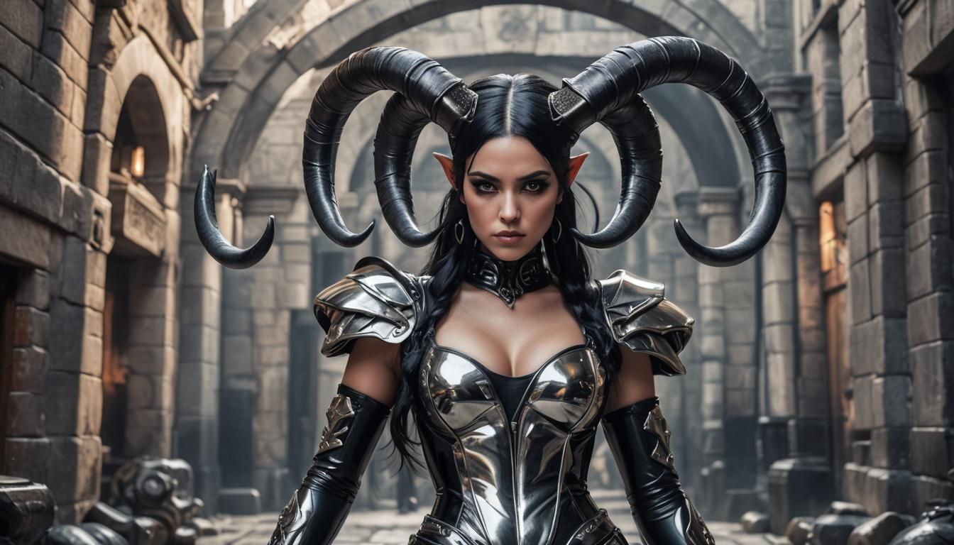 Woman with Horns in Shiny PVC Outfit