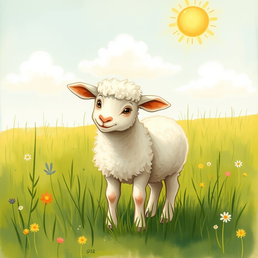 Whimsical Lamb in Sunny Meadow Illustration