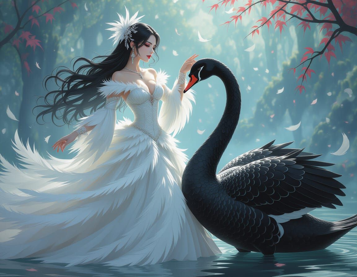 Gothic Vampire Woman Dances With Black Swan in Feather Dress