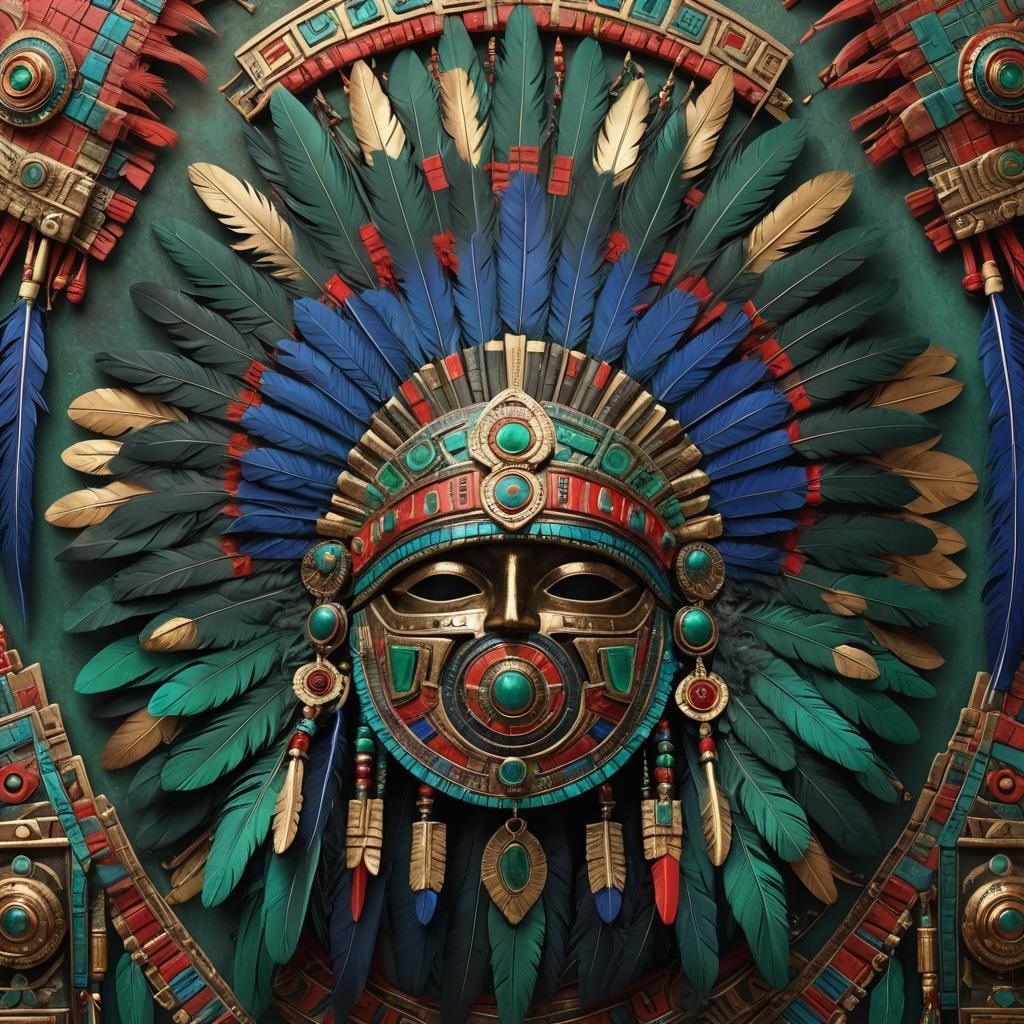 Detailed Aztec Headdress with Emerald and Scarlet Feathers